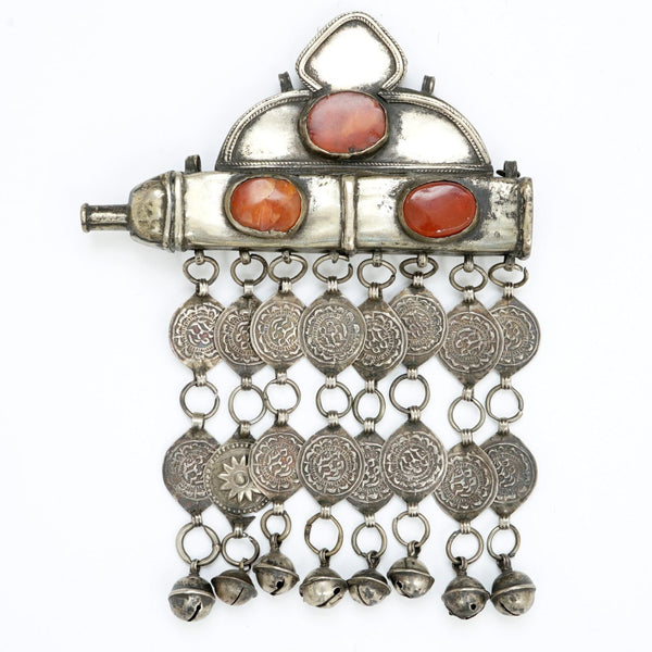 Yomut, talisman holder, silver & cornelian 13 x 7 cms